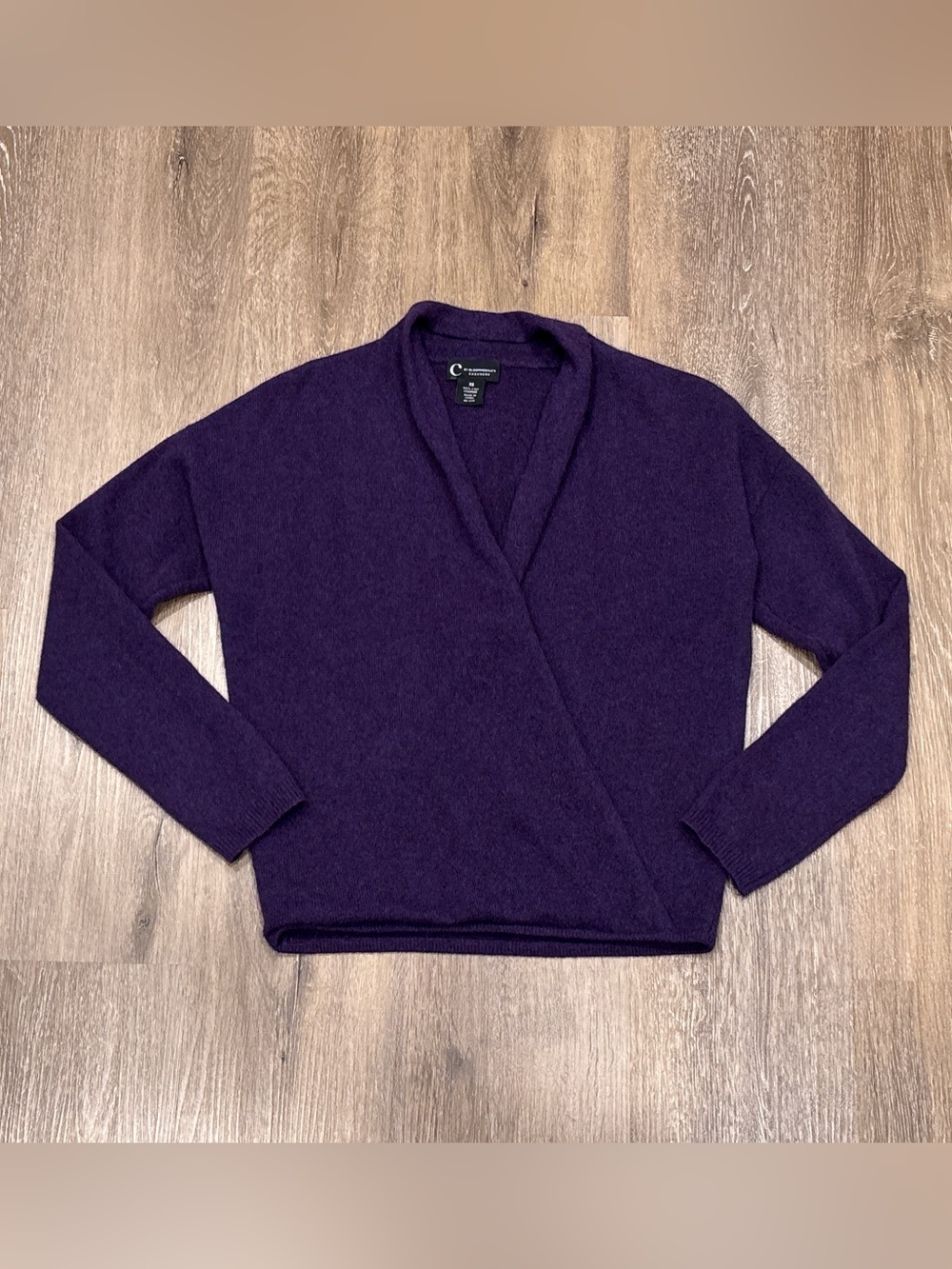 C by Bloomingdale’s 100% Cashmere Faux Wrap Sweater Purple Plum V Neck XS⁠